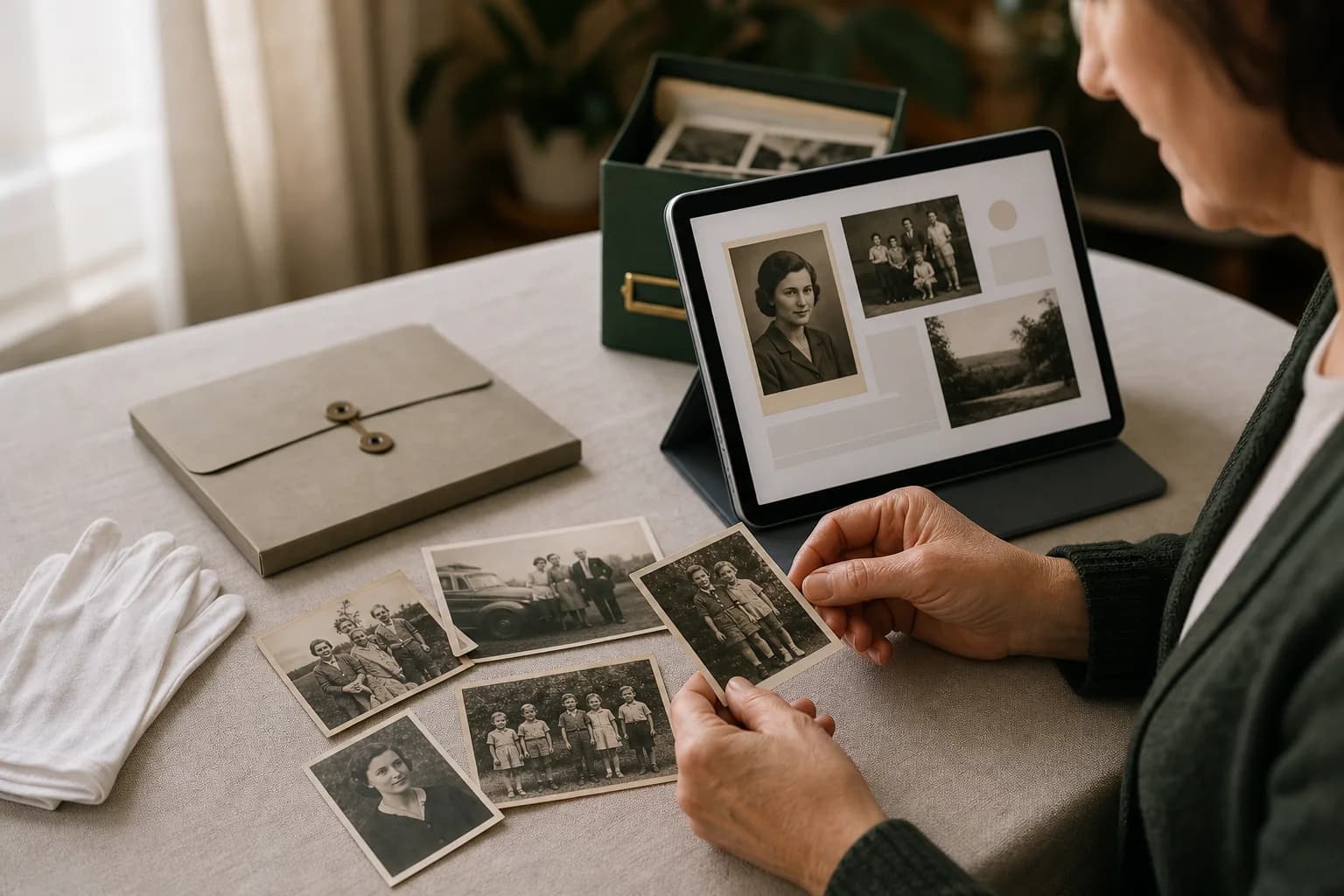 Семейный архив с фотографиями рядом с цифровой книгой памяти