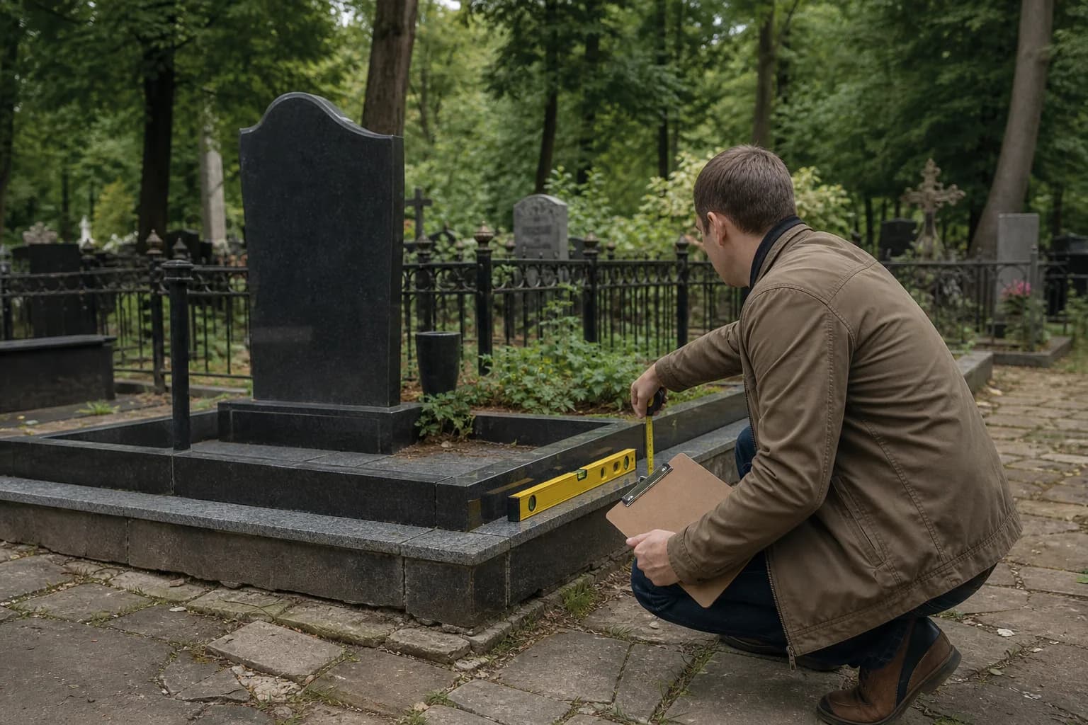 Специалист измеряет существующий мемориал перед проектом обновления