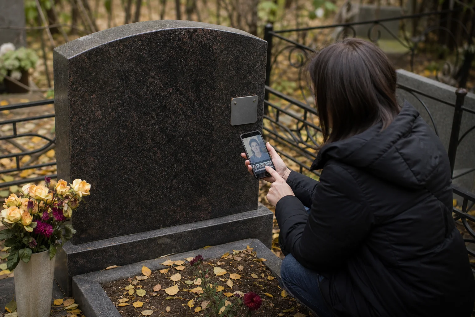Телефон открывает спокойную страницу памяти без читаемого текста