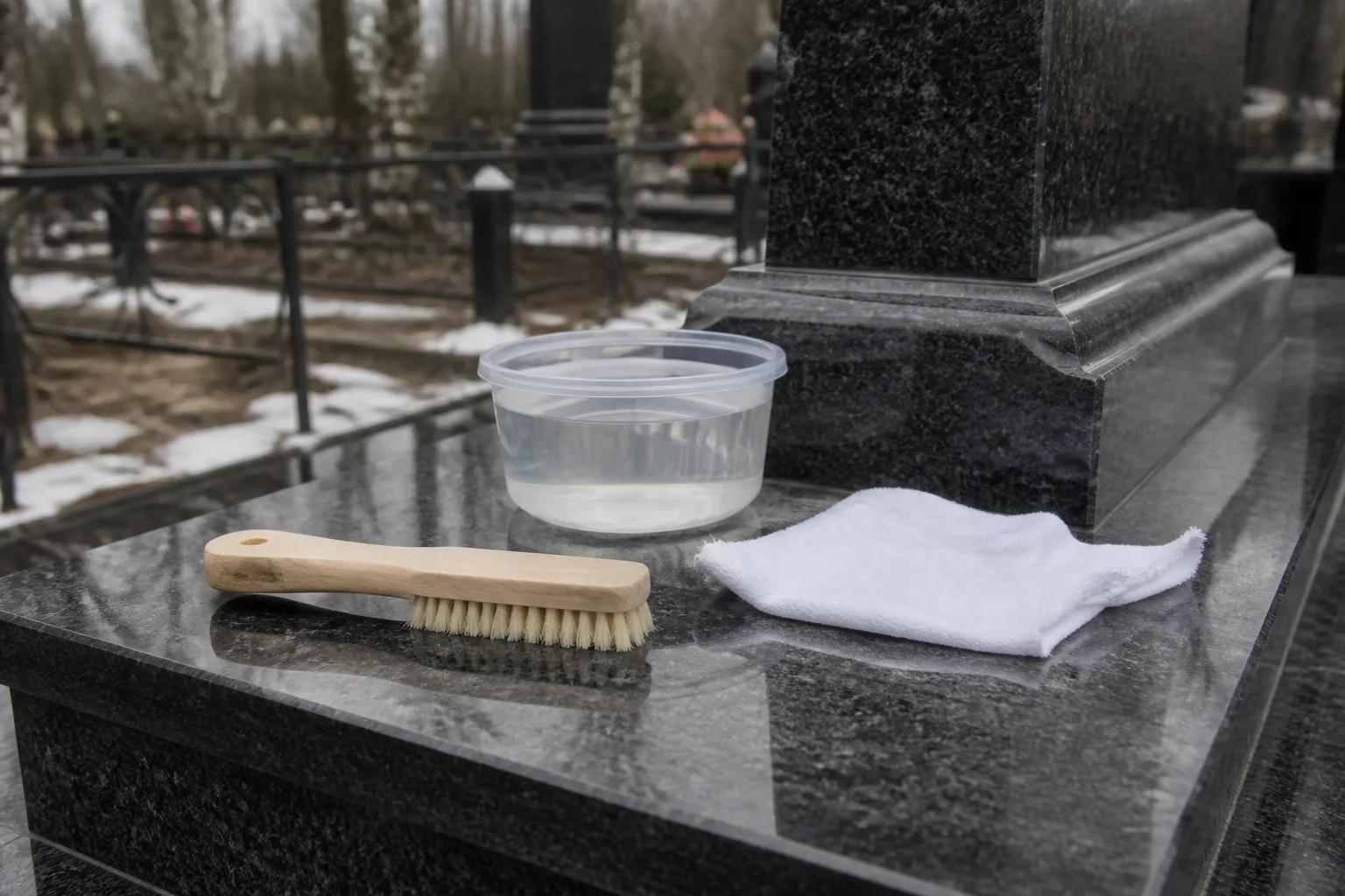 Мягкая щётка и вода рядом с гранитной поверхностью без агрессивной химии