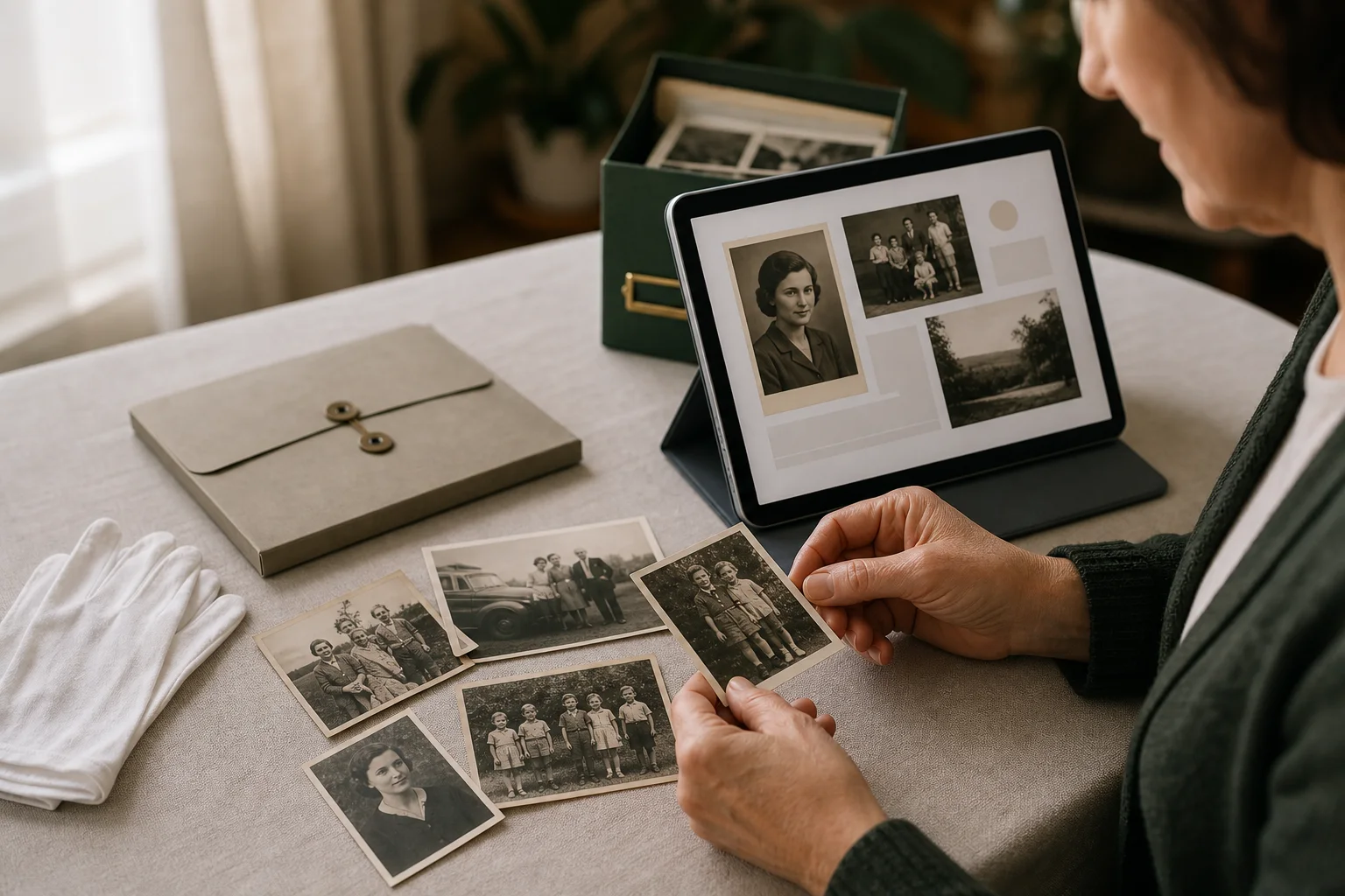 Семейные фотографии рядом с цифровой книгой памяти